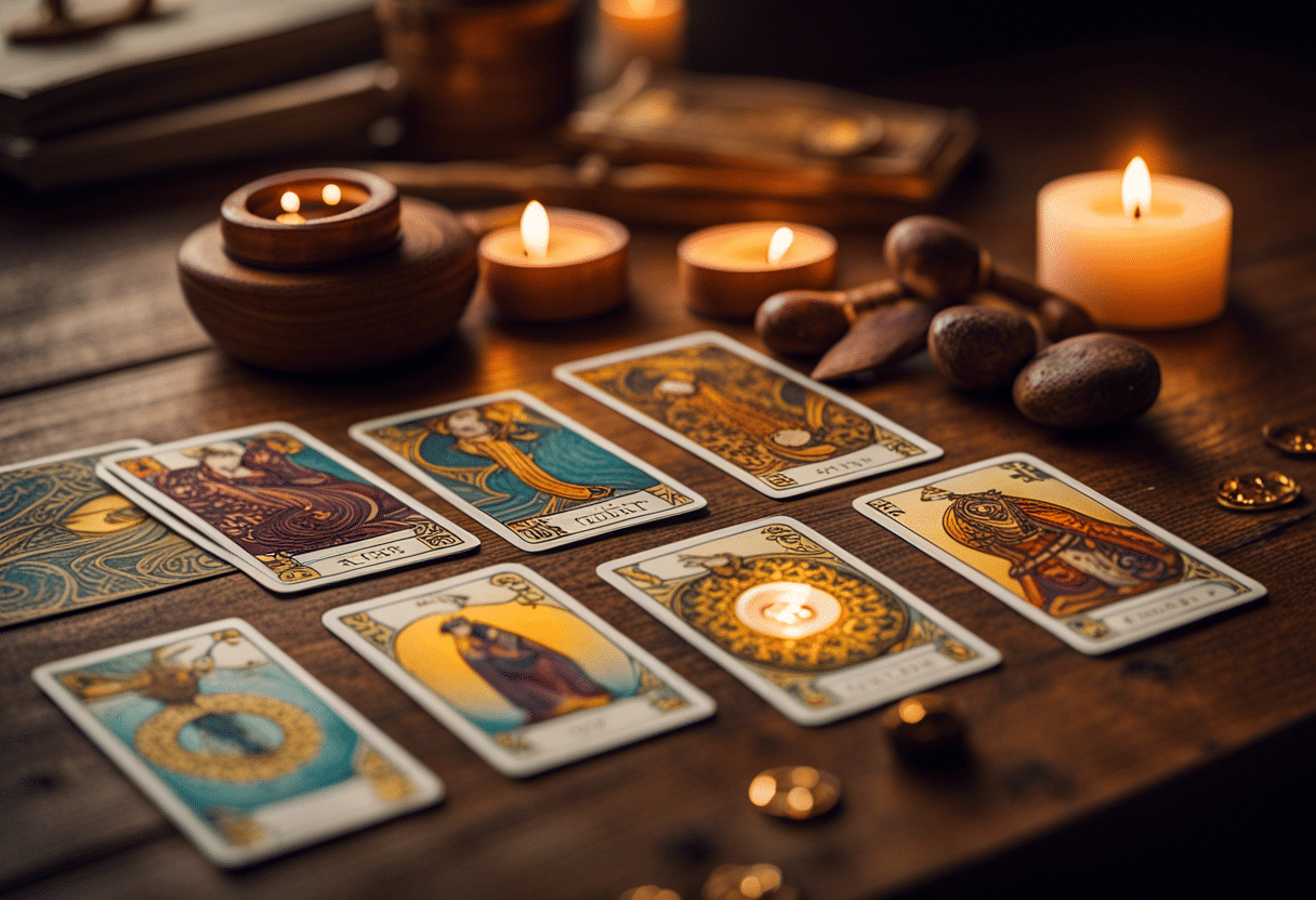 Cartes de tarot disposées prêtes pour la cartomancie  
Jeu de tarot ouvert sur une table pour apprendre