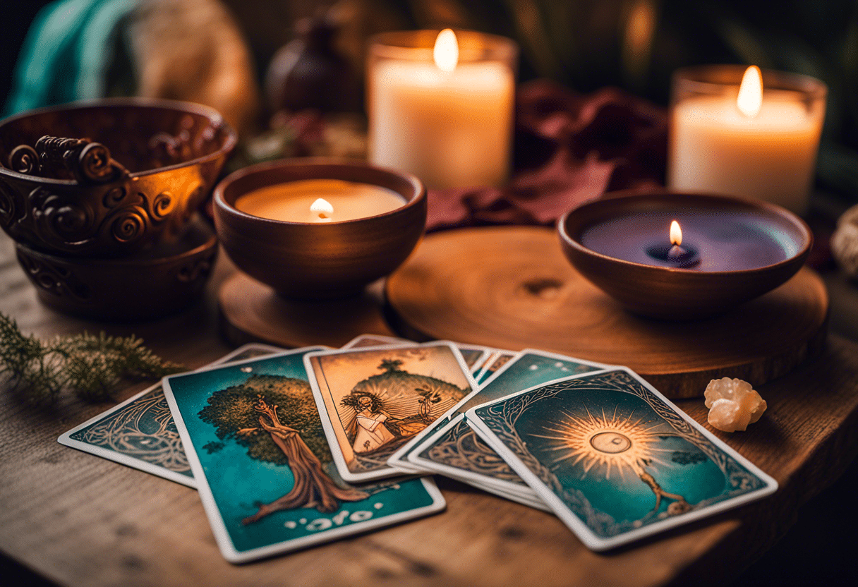 Cartes de tarot et oracles sur une table  
Choix entre tarot et oracle sur fond coloré