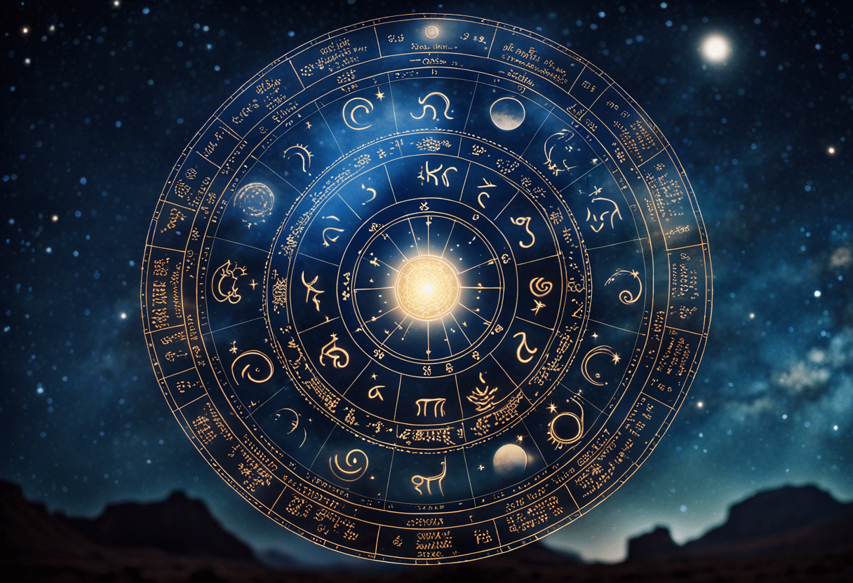 Ciel étoilé avec signes astrologiques indiens  
Symboles astrologiques devant un fond cosmique